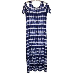 Design History Maxi Dress Small Navy White Tie Dye Cold Shoulder Jersey